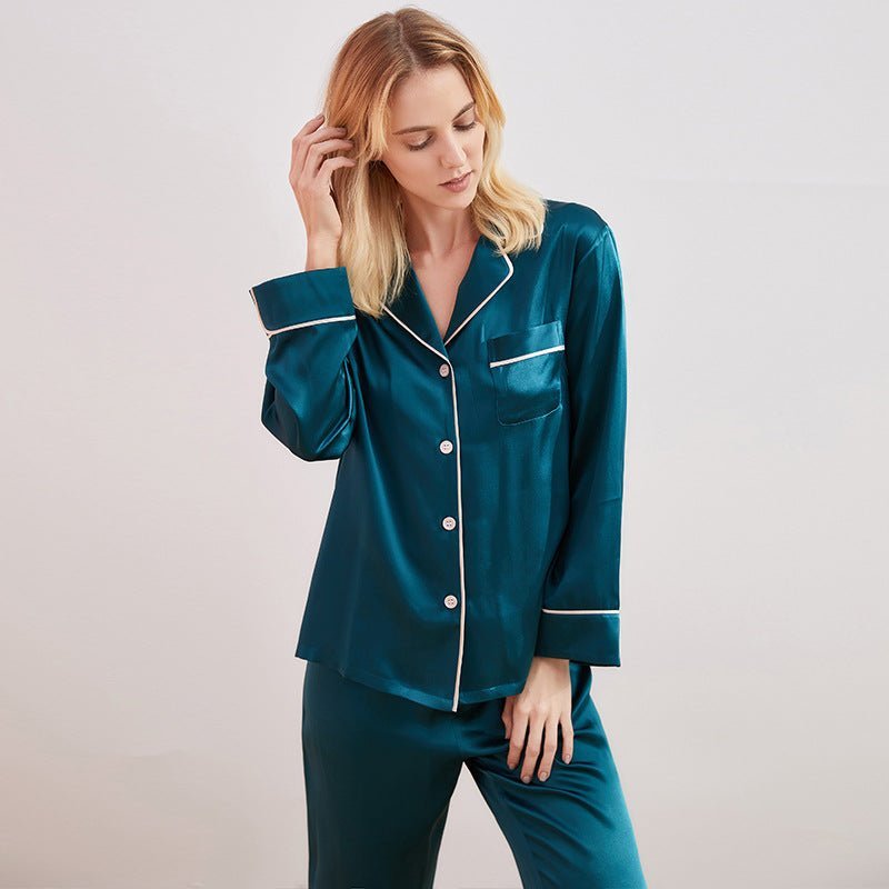 Dark Green Piped Full Length Silk Pyjama Set For Women - slipintosoft