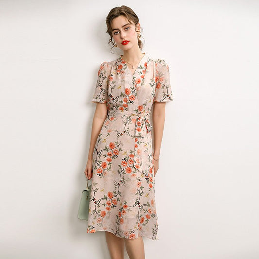 Floral Pure Silk Midi Dress Guest Party Silk Wrap Dresses