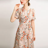 Floral pure Silk Midi Dress Guest Party Silk Dresses