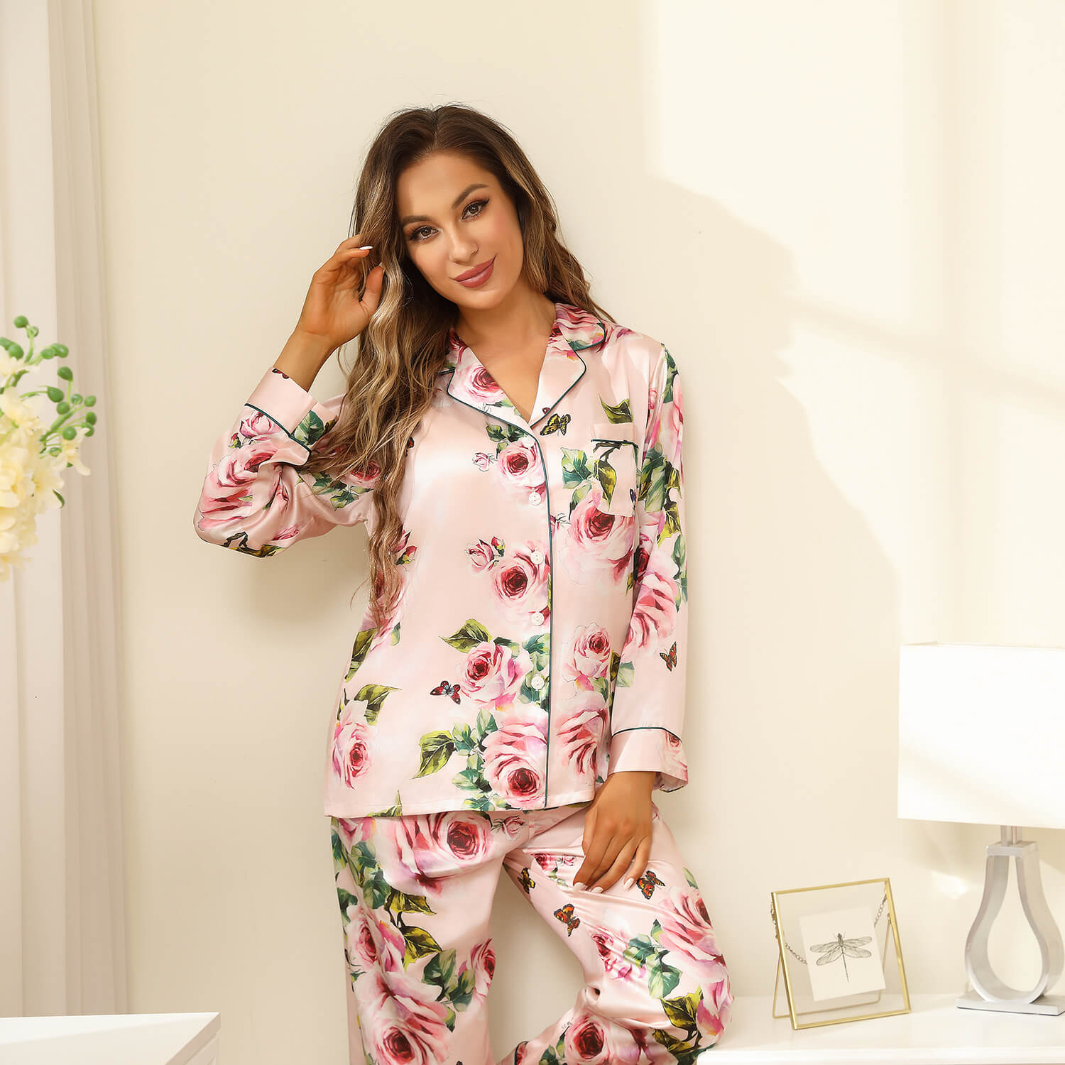 Long Floral Silk Pajama Set For Women Pink Black Real 100 Ladies Silk Pjs Mulberry Silk Sleepwear - slipintosoft