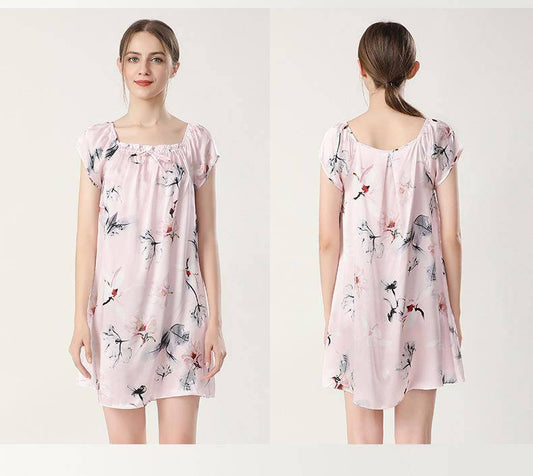 Floral Print Silk Nightgown For Women Loose Silk Nightdress