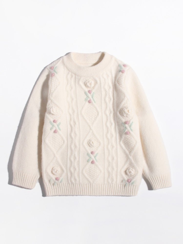 Girls Cashmere Sweater Cable Knit Floral Embroidery Cashmere Blouse