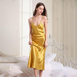 Gold Women's Silk Nightgown Full Length V Necked Long Silk Nightgowns Gold 2X