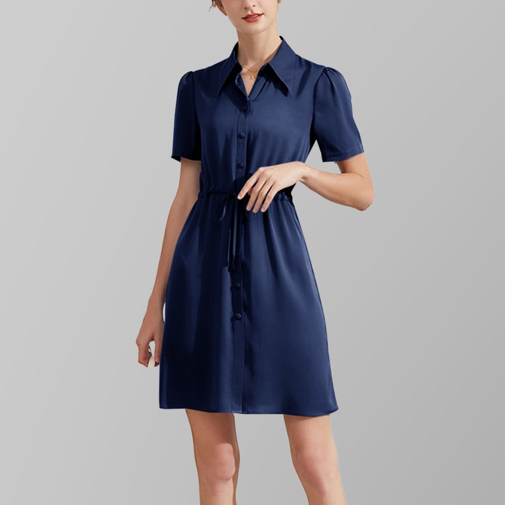 Summer Short Sleeves Silk Dresses 100% Pure Mulberry Silk Shirt Dress Ladies Button Dress - slipintosoft