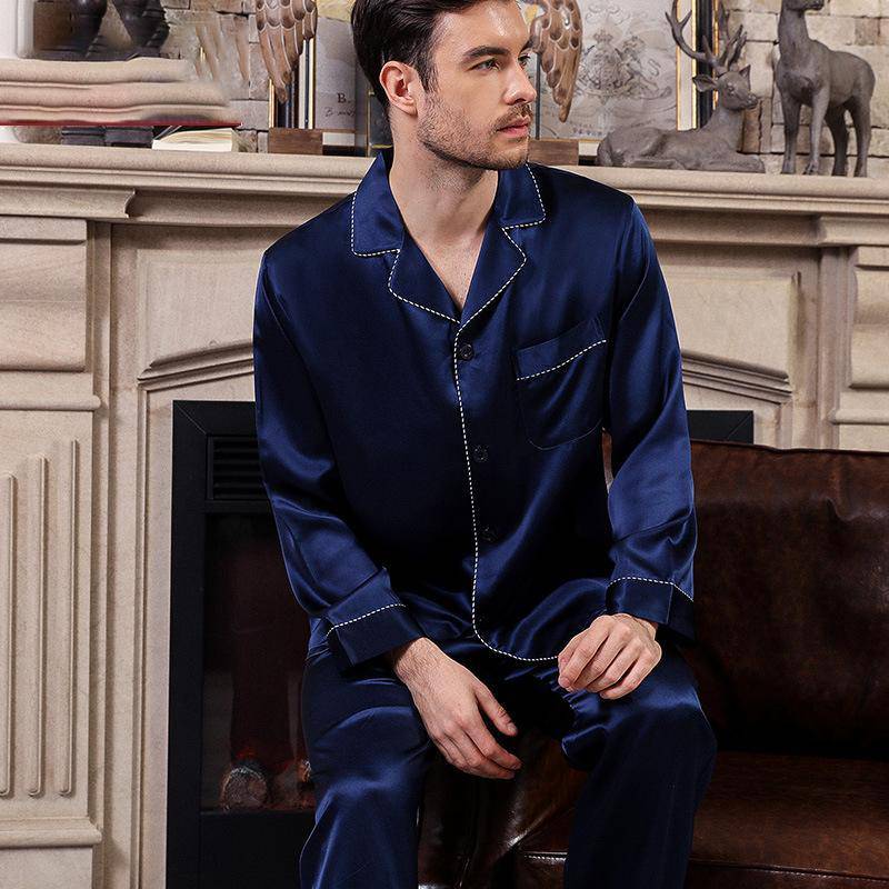 Blue Long Best Mens Silk Pajamas Set Most Comfortable Silk Sleepwear Pajamas -  slipintosoft