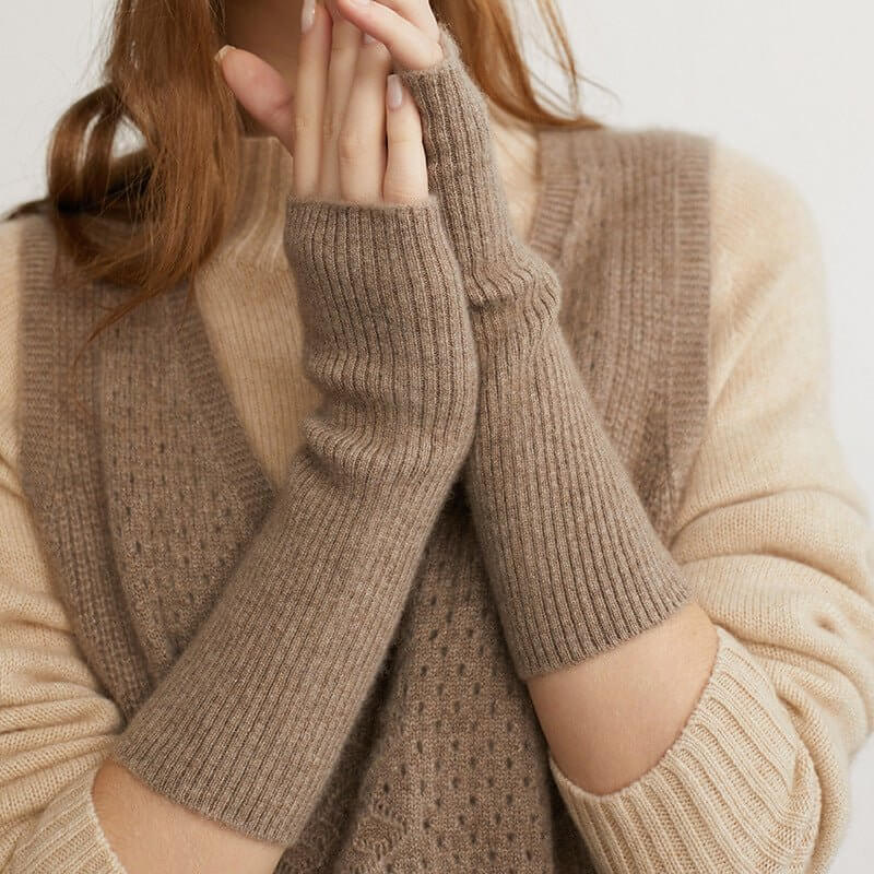 Long Fingerless Gloves Cashmere Ribbed Knit Gloves Wrist Protection Taupe M