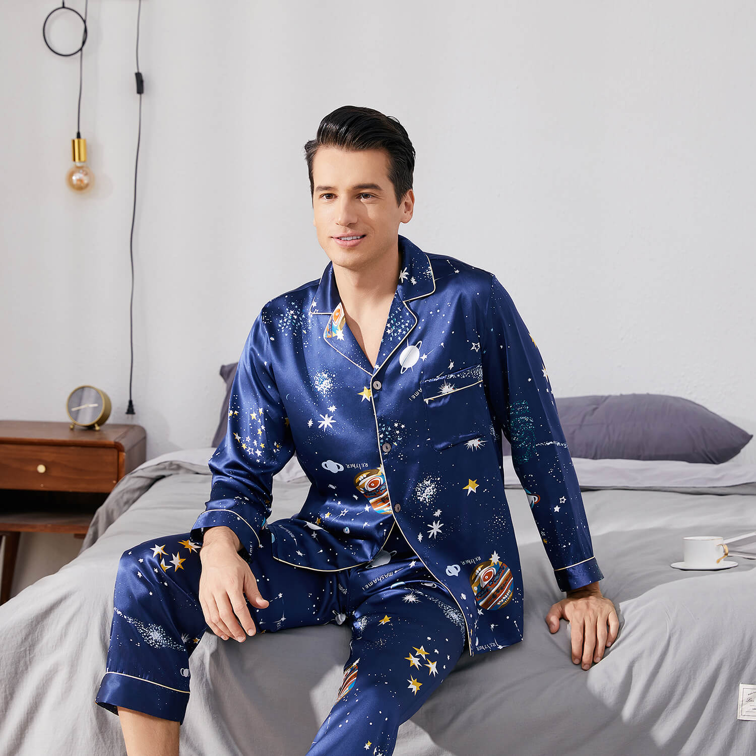 Long Silk Pajama Set for Men Luxury Print Comfortable Silk Nightwear - slipintosoft