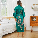 Long Silk Kimono For Women Cherry Blossom Printing Silk Robe Green One size fits most