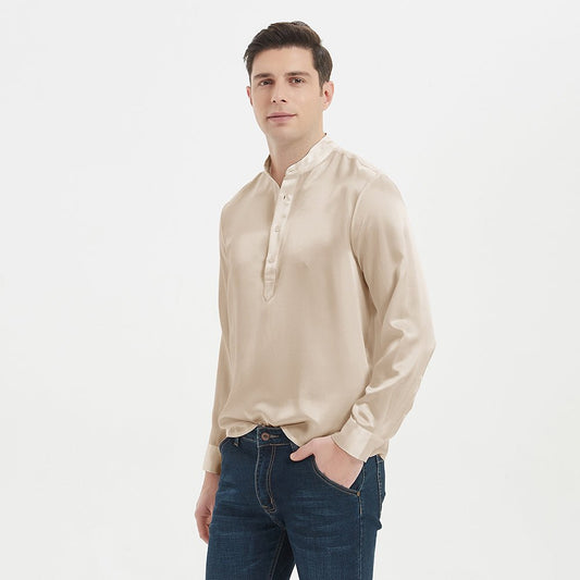 Luxury Silk Silk Henley Shirts For Men Pure Silk Stand Collar Top