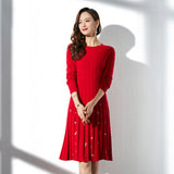 Womens Cashmere Pleated Dresses Long Sleeve Red Cashmere Floral Dress Slim Fit