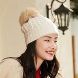 Solid Cashmere Chunky Knitted Hat with Fur Pom Womens Soft Cashmere Beanie for Winter