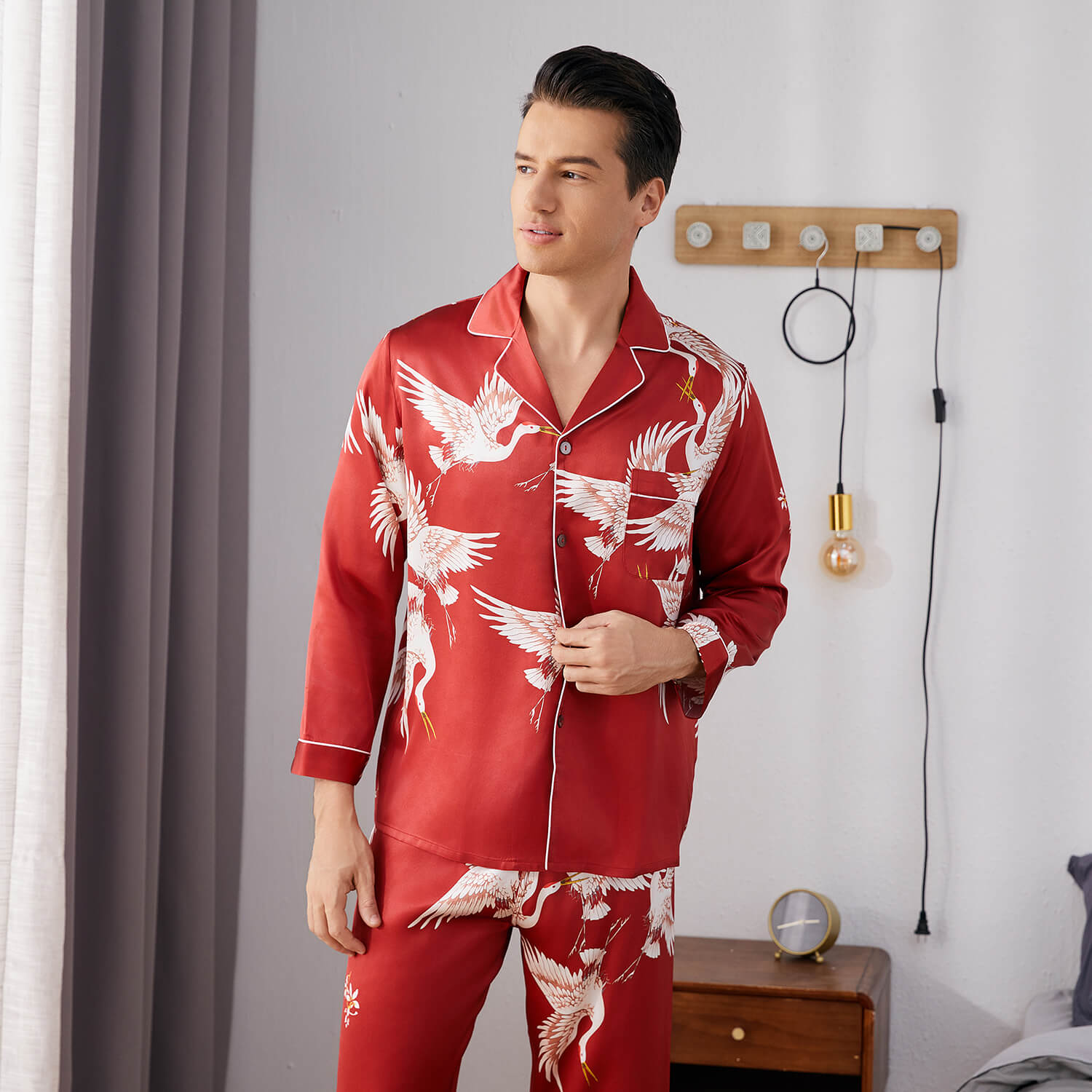 Print long Silk Pajamas Set For Men Classic ButtonDown Silk Sleepwear - slipintosoft