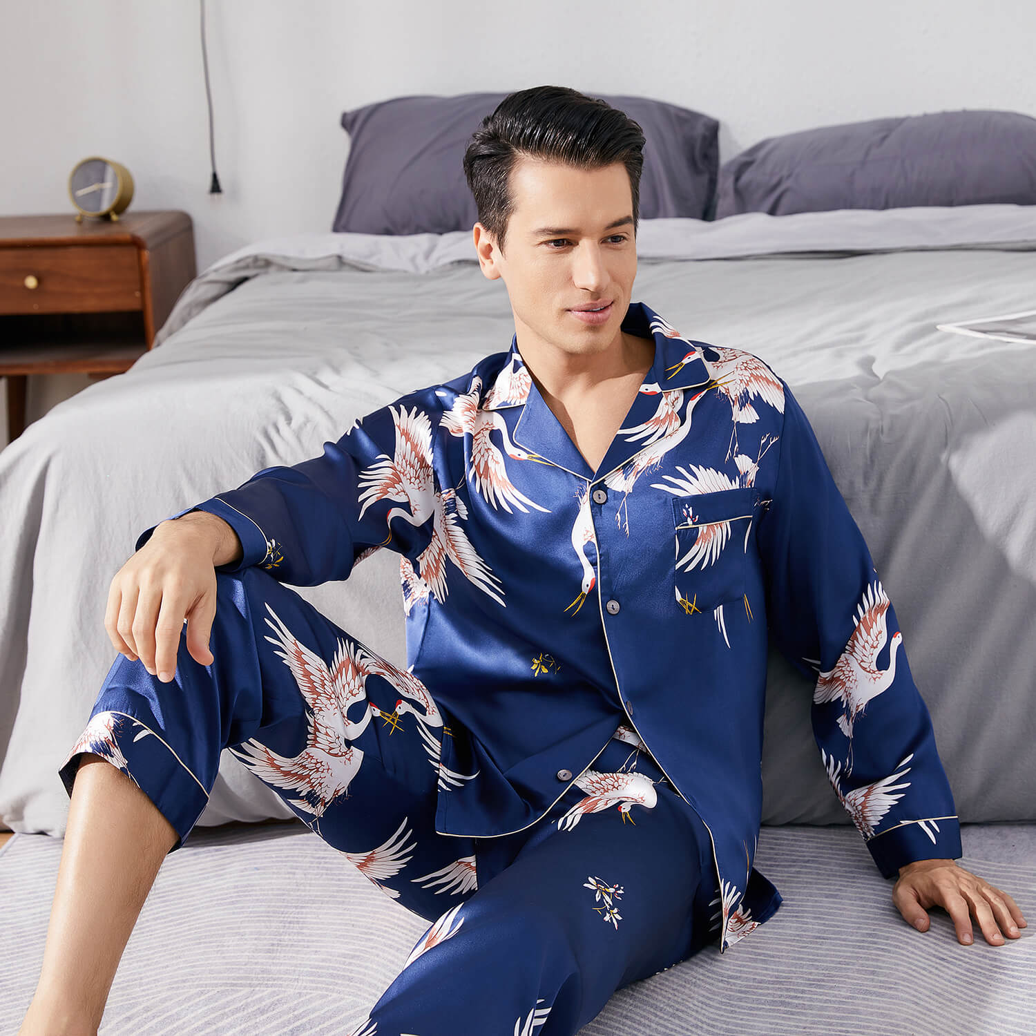 Print long Silk Pajamas Set For Men Classic ButtonDown Silk Sleepwear - slipintosoft