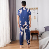 Mens Crane Print Silk Pajama Set 100% Mulberry Silk Sleepwear