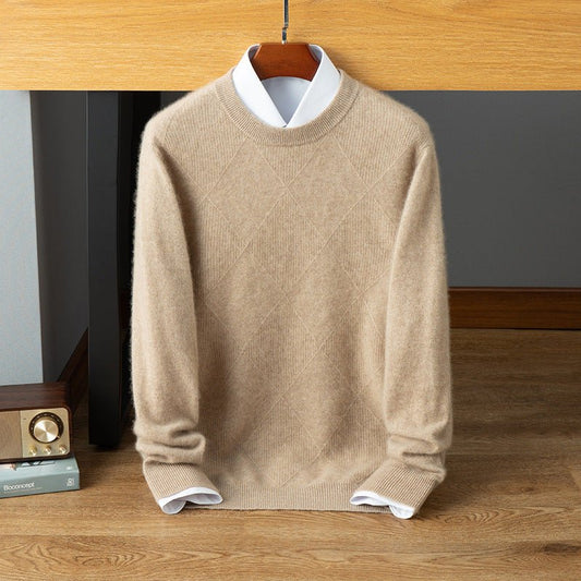 Mens Diamond Pattern Cashmere Sweater Crew Neck Long Sleeve Ribbed Hem