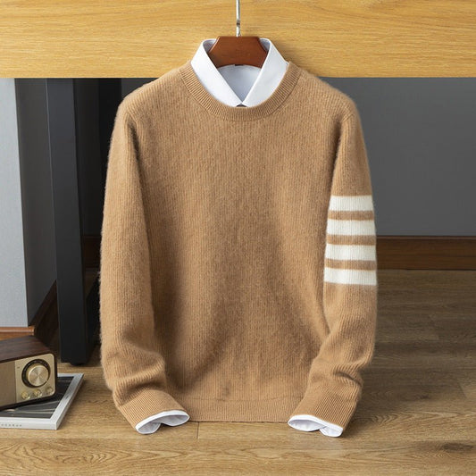 Mens Striped Sleeve Cashmere Sweater Crew Neck Long Sleeve Ribbed Hem Pullover