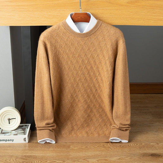 Mens Diamond Pattern Cashmere Sweater Crew Neck Long Sleeve Knit Sweatershirt