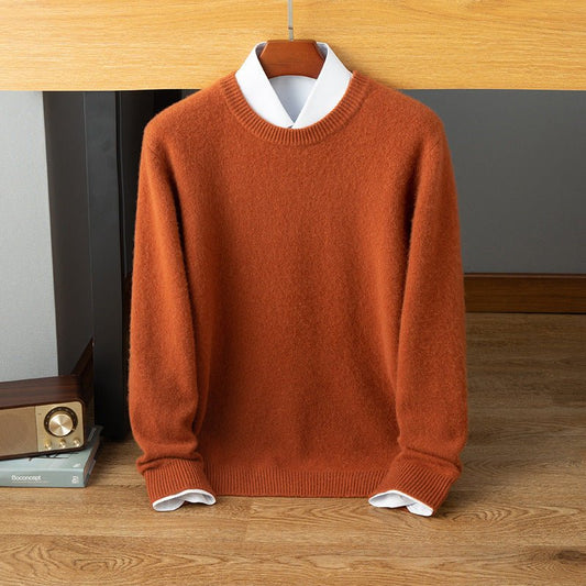 Mens Crew Neck Cashmere Sweater Long Sleeve Ribbed Hem Soft Knit Coat