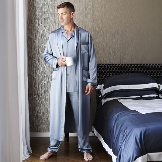 Mens Long Silk Pajamas & Robe Set Full Length Silk Sleepwear