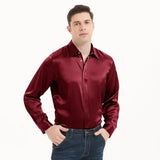 Mens Long Sleeves Silk Shirt Hidden Placket Silk Dress Shirts