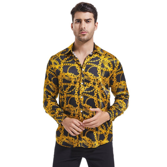 Men's Gold Chains Print Button Down Long Sleeve Silk Shirt