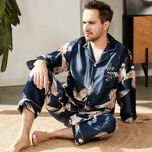 Men's Luxury Silk Pajamas Set Crane Print Mulberry Silk Sleepwear