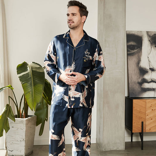 Men's Luxury Silk Pajamas Set Crane Print Mulberry Silk Sleepwear