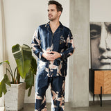 Men's Luxury Silk Pajamas Set for Men Long Sleeve Print Silk Sleepwear loungewear - slipintosoft