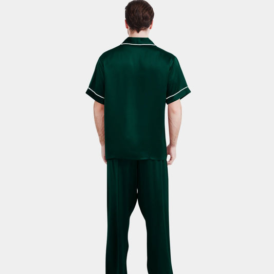 Men's Luxury Silk Pajamas Set Short Sleeve Long Pants Nightwear