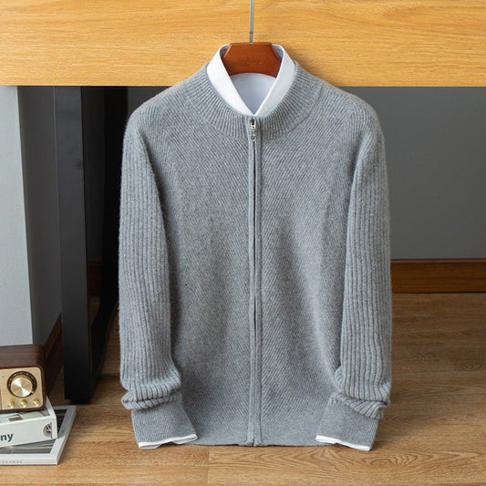 Mens Ribbed Cashmere Zip - Up Sweater Stand Collar Long Sleeve Knit Sweater Coat