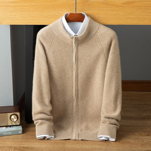 Mens Zip - Up Cashmere Sweater Stand Collar Long Sleeve Knitted Sweater Coat