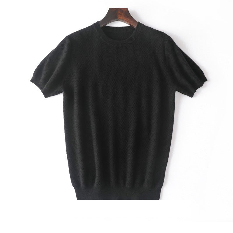 Mens Short Sleeve Pure Cashmere Sweater Crew Neck Textured Knit Tops