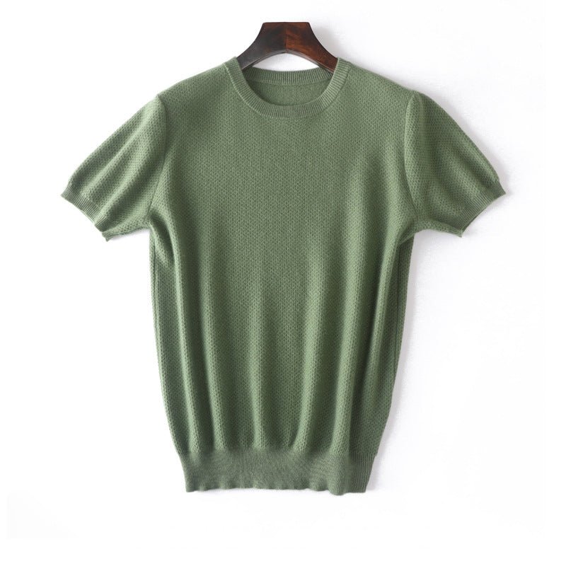 Mens Short Sleeve Pure Cashmere Sweater Crew Neck Textured Knit Tops