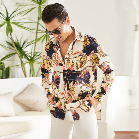 Men's Silk Dress Shirt Luxury Printed Long Sleeve Silk Shirts - slipintosoft