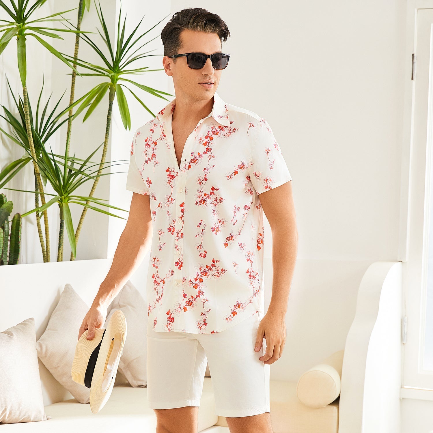 Men's Silk T Shirt Floral Print Short Sleeve White Silk Dress Shirt - slipintosoft