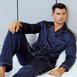 Men's Silk Long Pajamas Set with Pockets Silk Long Button-Down Pajamas Set -  slipintosoft