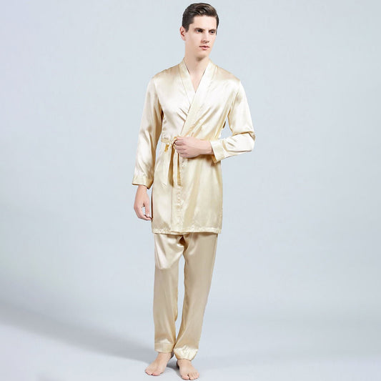 22MM Long Sleeves Mens Silk Pajamas Set 2 Piece Robe & Pant Set 100% Mulberry Silk PJS