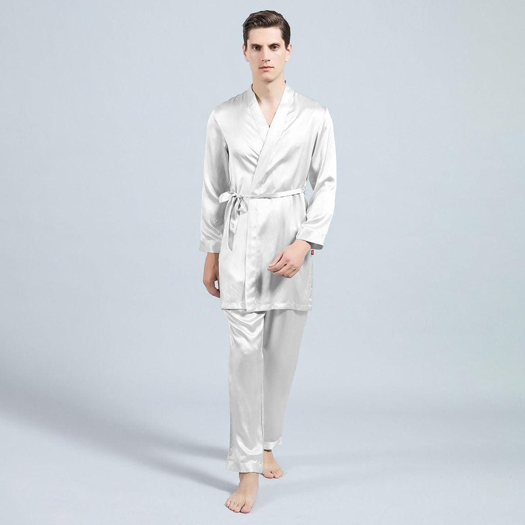 22MM Long Sleeves Mens Silk Pajamas Set 2 Piece Robe & Pant Set 100% Mulberry Silk PJS