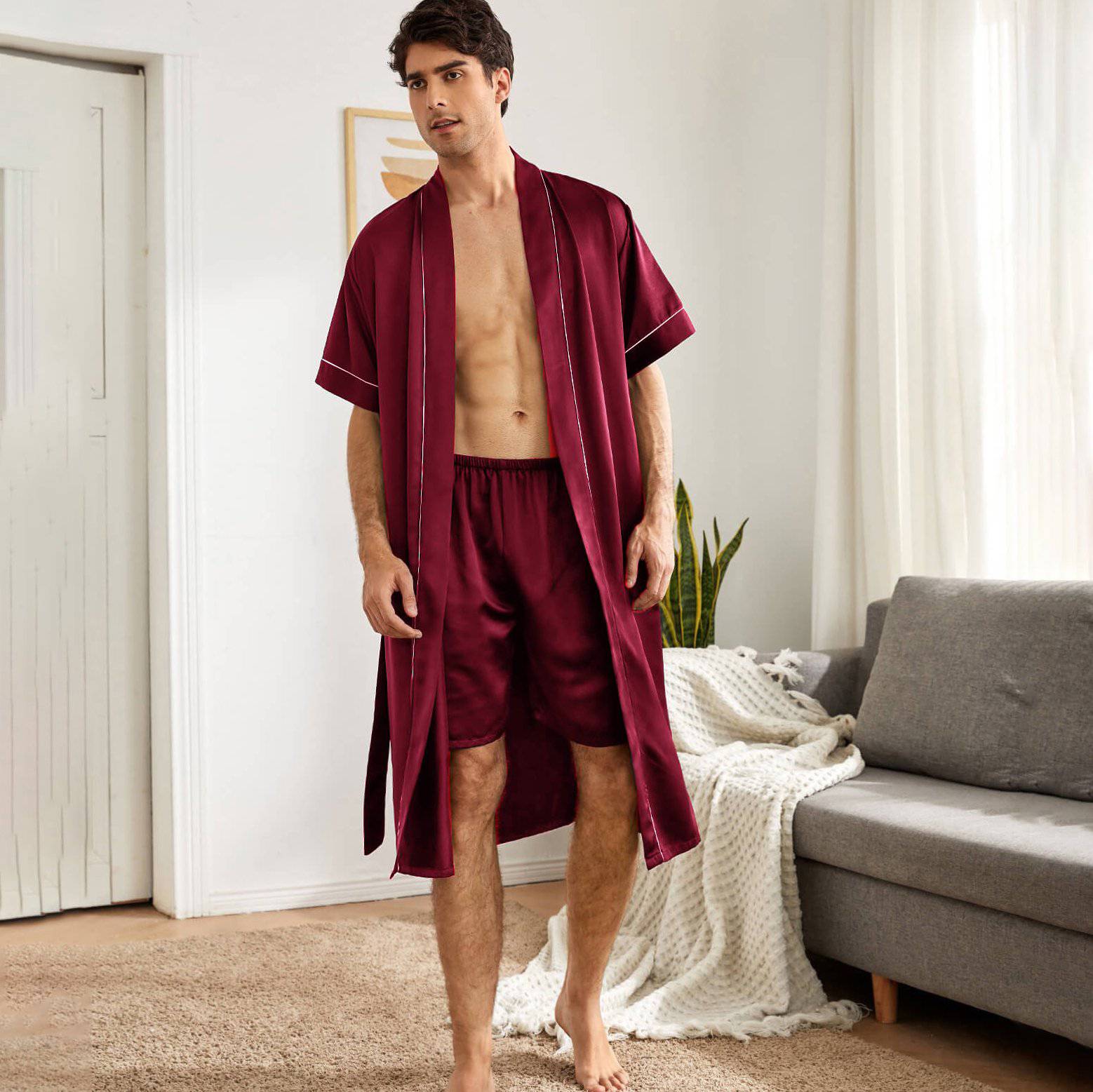 Men's Short Silk Robe Set Two Pieces Silk bathrobe Silk Kimono Robe Set with Shorts -  slipintosoft