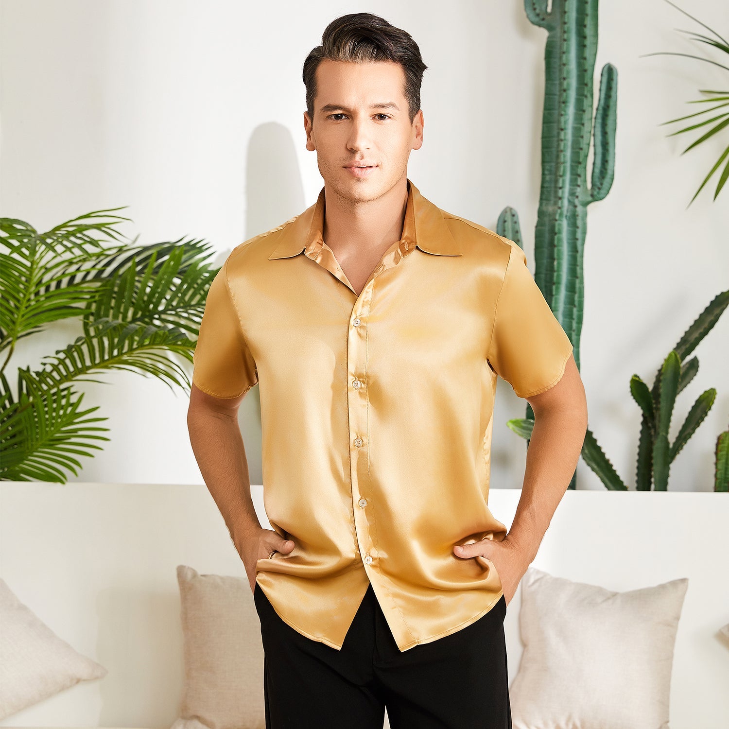 Men's Silk T Shirt Button Down Silk Short Dress Shirt - slipintosoft