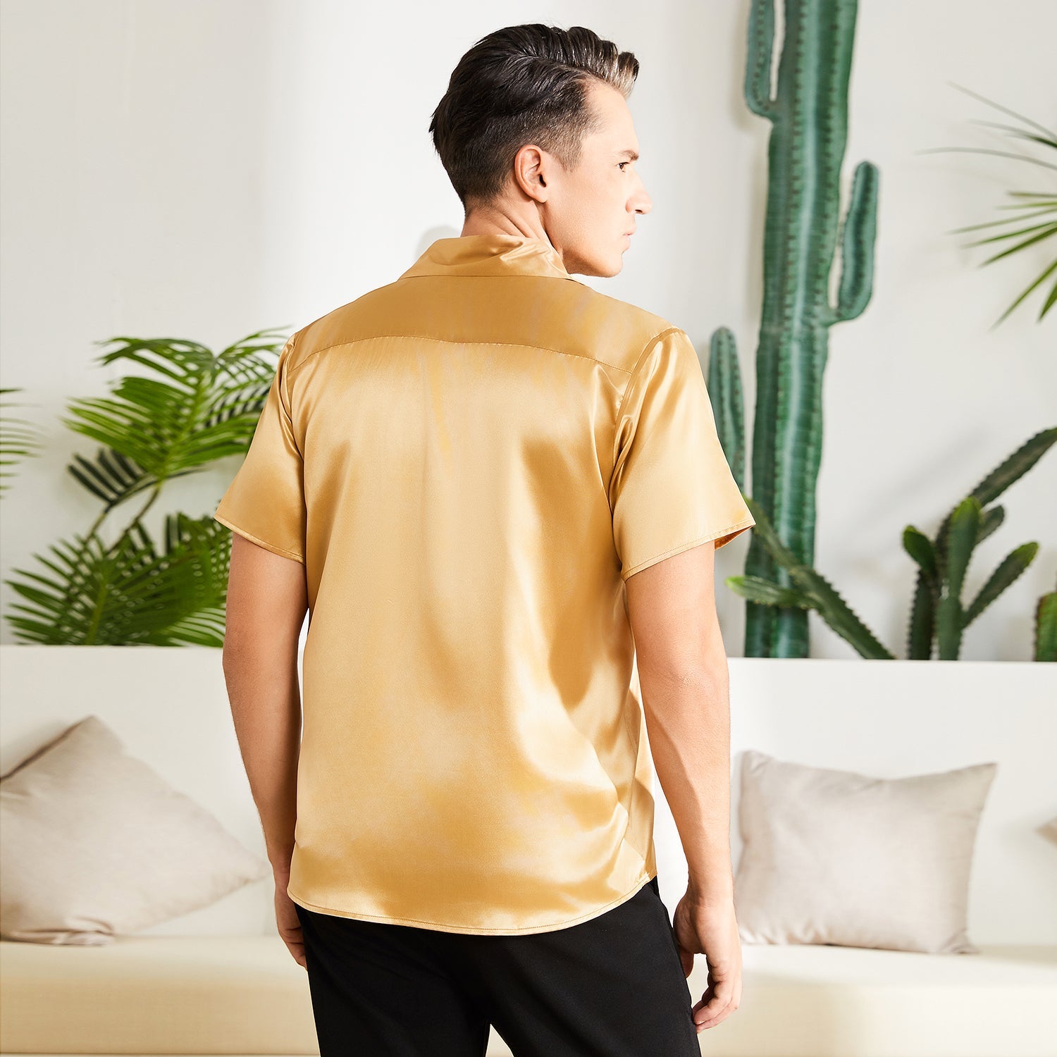 Men's Silk T Shirt Button Down Silk Short Dress Shirt - slipintosoft