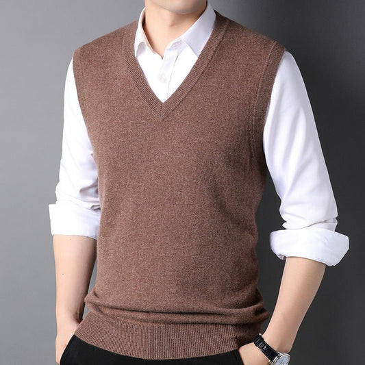 Mens V - Neck Cashmere Vest Sleeveless Soft Knit Pullover Ribbed Hem