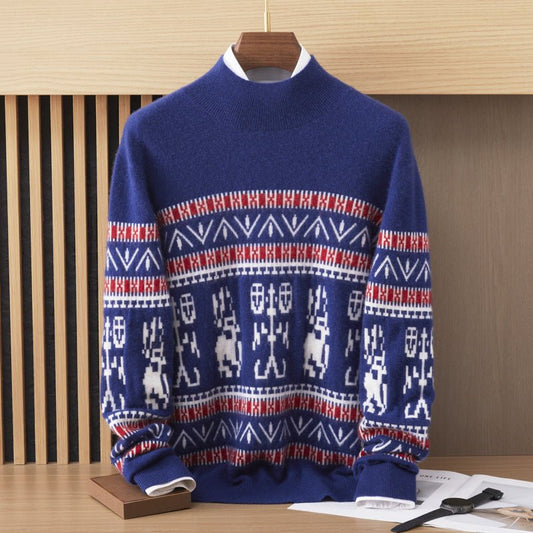 Mens Nordic Pattern Cashmere Sweater Mock Neck Long Sleeve Ribbed Hem Warm Knit