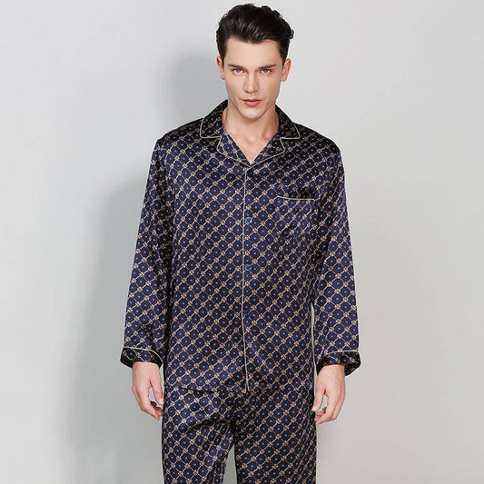 Mulberry Printed Men Silk Pajamas Long Two Piece Silk Pjs