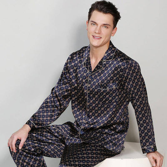 Mulberry Printed Men Silk Pajamas Long Two Piece Silk Pjs