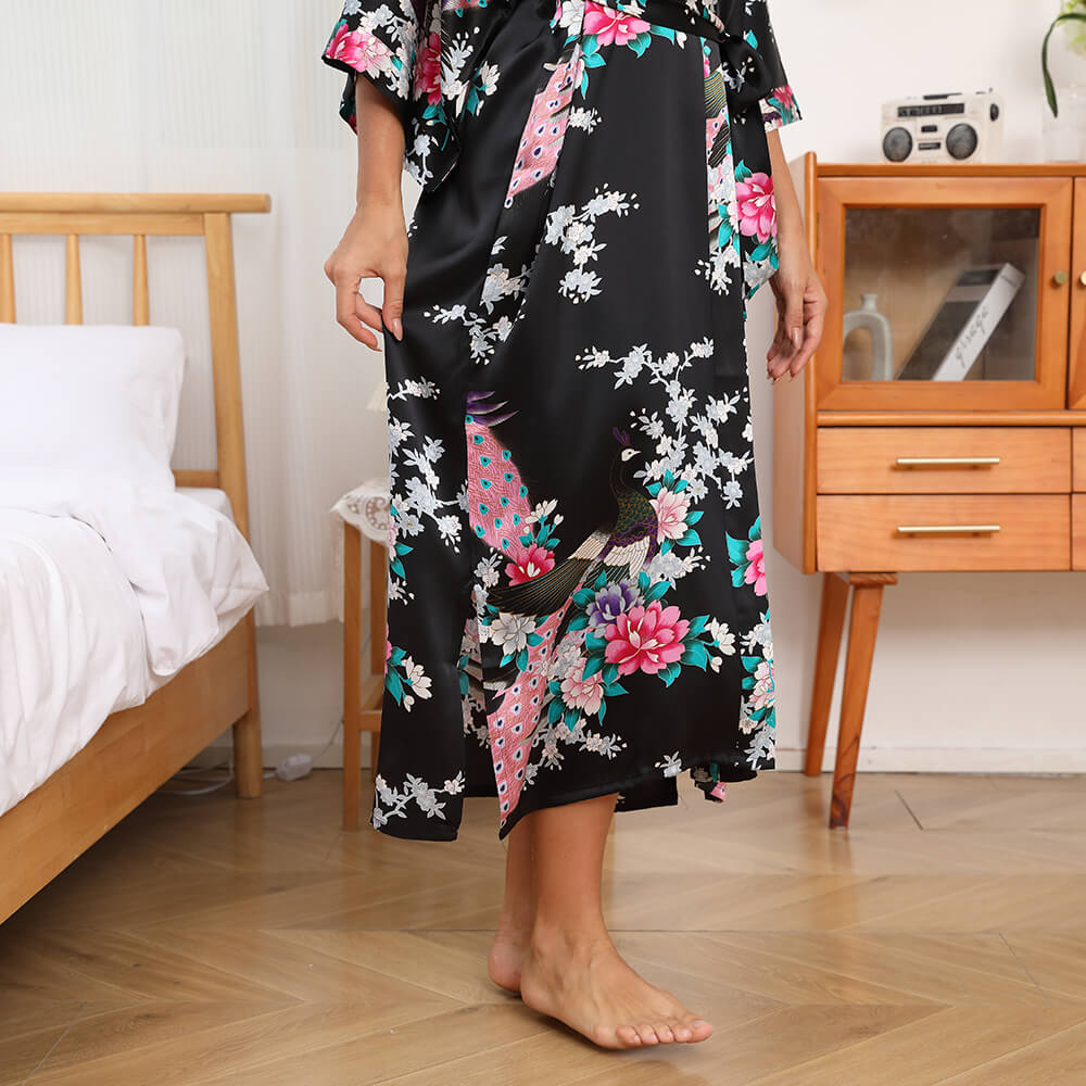 Peacock & Flowers Silk Kimono for Women Hand Painted silk Kimono - slipintosoft