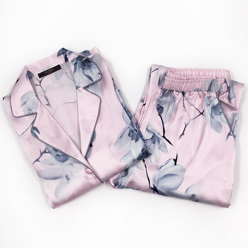 Pink Grey Floral Printed 2-Piece Long Sleeve Silk Pajamas Set - slipintosoft