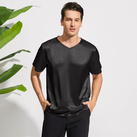 Pure Silk T-Shirts For Men Luxury V - Neck Silk Top Tee