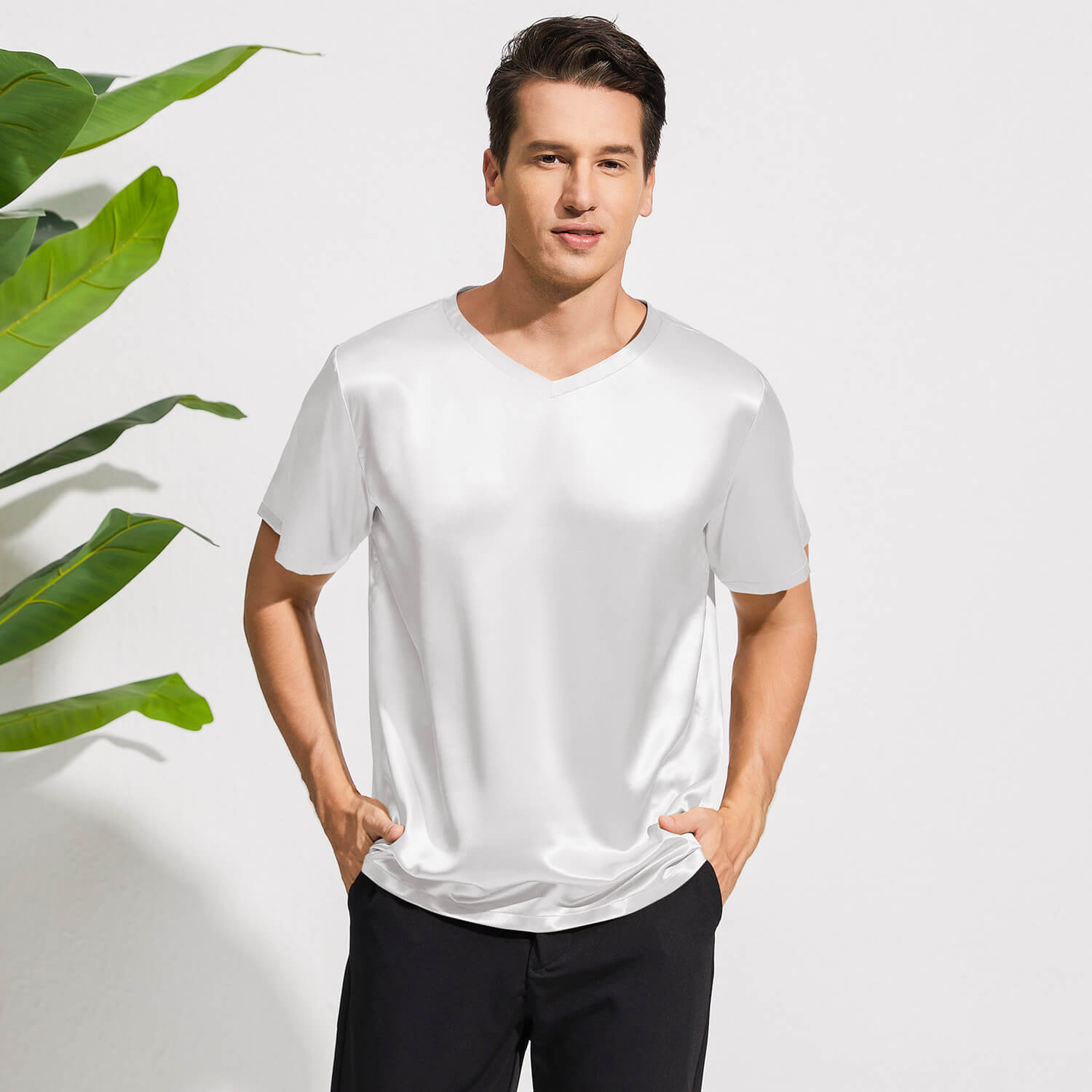 Luxury Pure Silk Shirt For Men Classic Short Sleeves V-Neck Silk Top Tee - slipintosoft