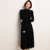 Ribbed Knit Cashmere Midi Dress Mock Neck Cashmere Dress for Women